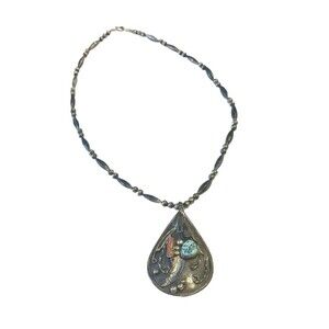 Vtg Navajo Dual-Sided Sterling Silver Turquoise & Coral Pendant Beaded Necklace